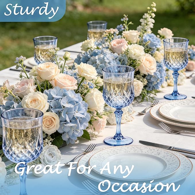 Plastic Wine Glasses, Plastic Goblets Vintage Style Cordial Unbreakable Drinking Glasses， Reusable Drinkware for Wedding Reception, Grand Event Party Supplies(24, Blue)