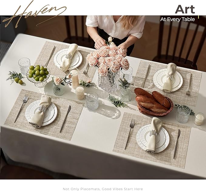 Leetaltree Luxury Beige and Gold Woven Placemats Set of 8 - Waterproof Washable Textured Table Mats for Wedding, Anniversary, Daily Use - Sparkling Metallic Thread Table Decor - Hand-Cut