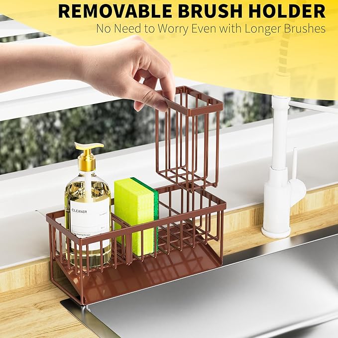 Cisily Kitchen Sink Caddy, Sponge Holder for Kitchen Sink, Kitchen Sink Organzier and Storage with High Brush Holder, Rustproof 304 Stainless Gadgets Sink Accessories(Brown)