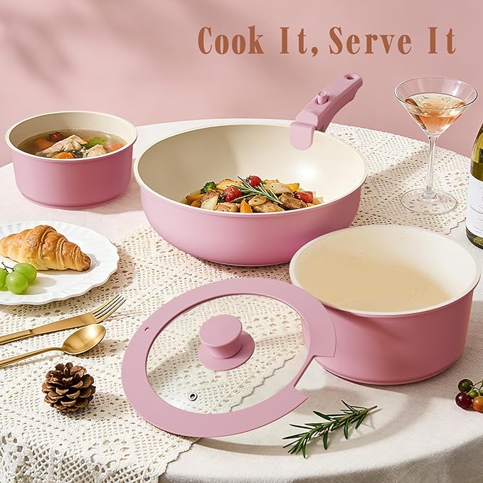 Umite Chef Pots and Pans Set Non Stick, 21 pcs Nonstick Ceramic Cookware Set, RV Kitchen Cooking Set with Detachable Handles, Oven Safe, Induction Cookware, Stackable, Pink, PFAS PFOA & PTFE Free