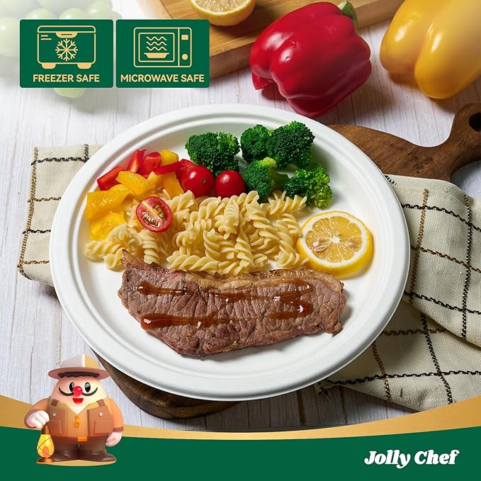 JOLLY CHEF 100% Compostable Paper Plates, 150 Pack 9 Inch Heavy Duty Plates, Disposable Biodegradable Eco-Friendly Sugarcane, Bulk White