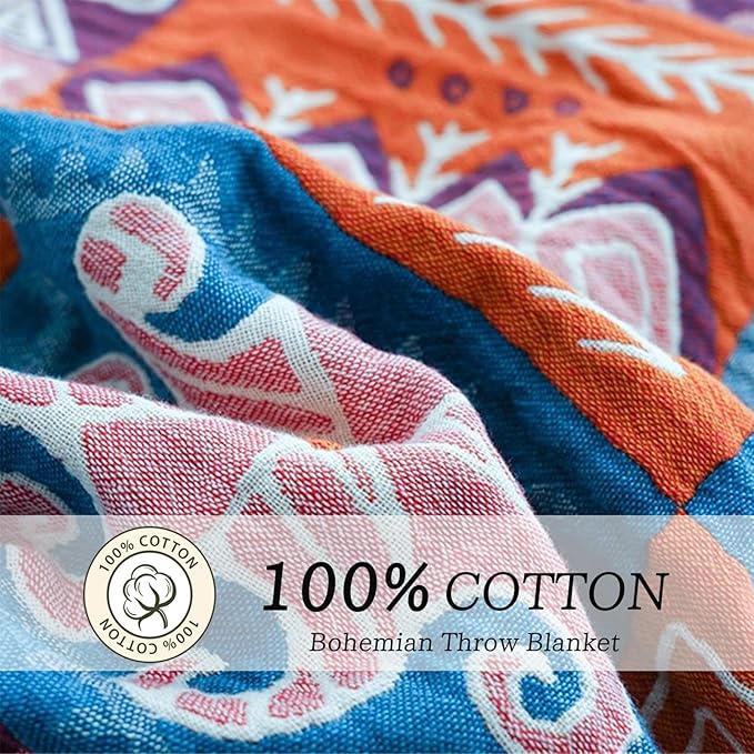 MSGKV Boho Throw Blanket King Size Christmas Blanket 100% Cotton Blankets for Couch Bed, Cotton Quilts Muslin Bed Blanket 90''x 98'' Cozy Pre-Washed Decor Gift for All Seasons