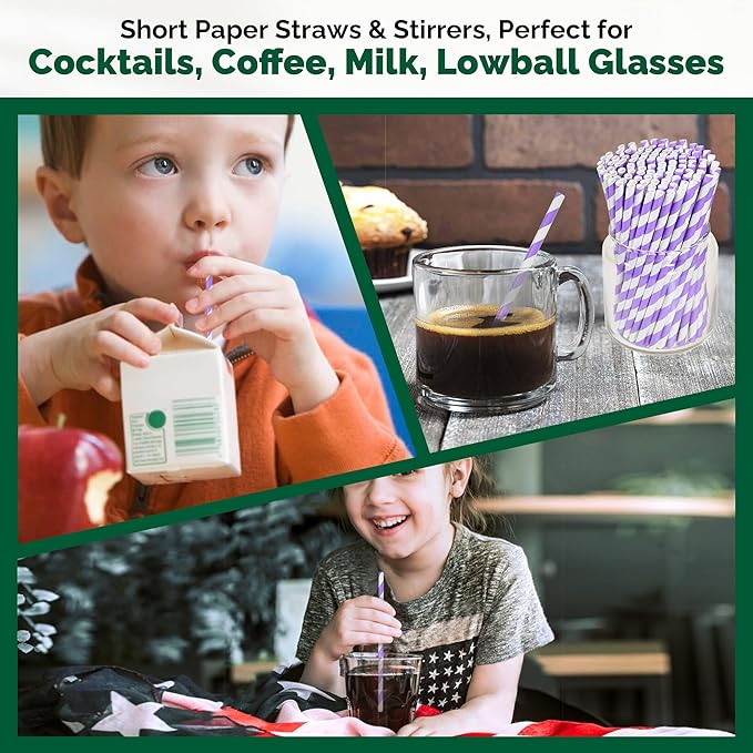 Small Purple Paper Cocktail Straws, 5.75 inch, 500 counts, Disposable Short Sipping & Stirring Straws - Biodegradable