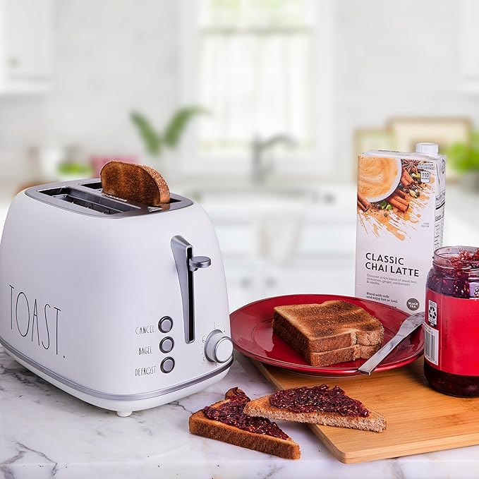 Rae Dunn Retro Rounded Bread Toaster, 2 Slice Stainless Steel Toaster with Removable Crumb Tray, Wide Slot with 6 Browning Levels, Bagel, Defrost and Cancel Options, White