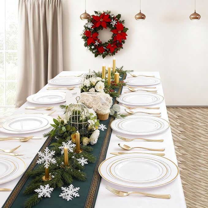I00000 102 Pieces Gold Plastic Plates, Disposable Party Plates White Gold Rim, 51 Disposable Gold Dinner Plates 10.25 Inch and 51 Disposable Dessert Appetizer Elegant Fancy Wedding Plates 7.5 Inch