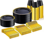 WELLIFE 300 PCS Black and Gold Dinnerware Set for 50 Guests, Disposable Plastic Plates for Party, Gold rimmed Plastic Dinner Plates,Salad Plates,Cups,Silverware Set for Halloween Party Supplies