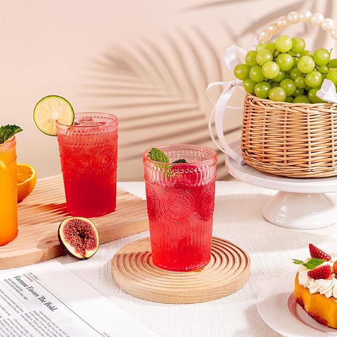 Ciaell 12 Pack Romantic Plastic Water Glasses - 14 Oz Pink Vintage Drinking Glasses, Embossed Ribbed Plastic Cups, Textured Striped Set for Juice, Beverages, Beer, Cocktail & Mother's Day