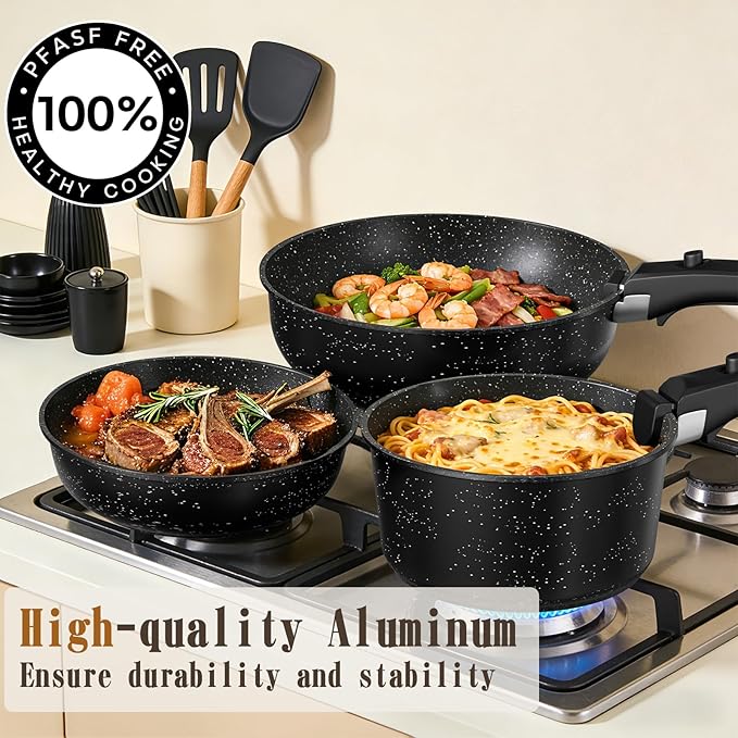 Umite Chef 21Pcs Pots and Pans Set Non Stick, Nonstick Cookware Sets Detachable Handle, Non Toxic Induction RV Kitchen Cooking Set, Dishwasher/Oven Safe, Fridge Safe, Space Saving(Black)