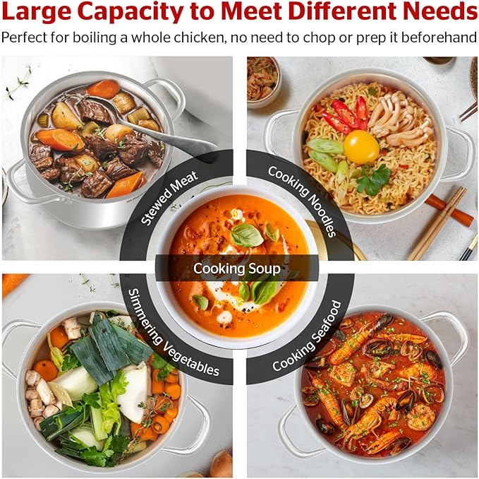 SUNHOUSE Stainless Steel Stock Pot - 16 Quart Heavy-Duty Induction Cooking Pot with Visible Lid for Pasta, Soup, Spaghetti - Nonstick Thick-Bottom Deep Stockpot for Canning, Boiling, and Simmering