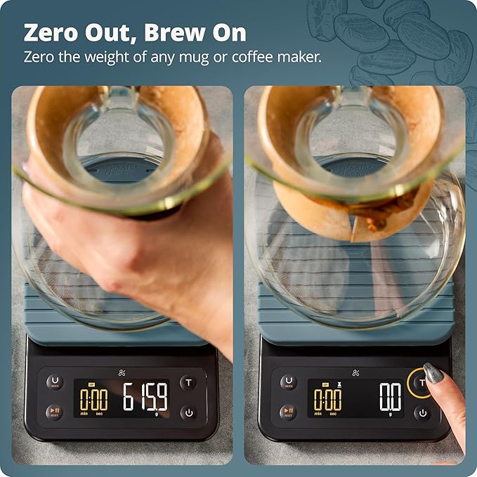 Greater Goods Coffee Scale with Timer – 0.1g Precision Digital Coffee & Espresso Scale for Pour-Over, Coffee Bean Weighing, Barista Brewing, Waterproof Cover, 3kg Capacity (Stone Blue)