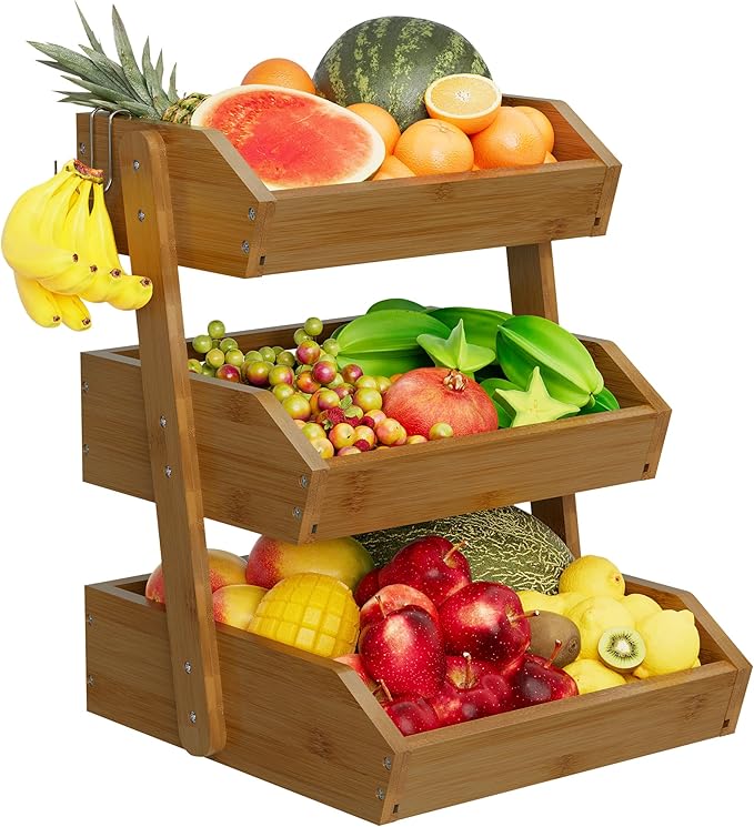 3 Tier Fruit Basket For Counter, Large Capacity Fruit Storage Countertop, Fruit Holder, Wooden Pantry Organizers and Storage, Kitchen Countertop Organizer With Two Banana Hangers (Walnut)