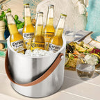 Bakpoco 4L Ice Bucket with Lid, Scoop,Tongs & Strainer, Stainless Steel Double Wall Insulated Ice Buckets for Parties & Cocktail Bar, Large Outdoor Champagne Ice Container, Light Brown Handle