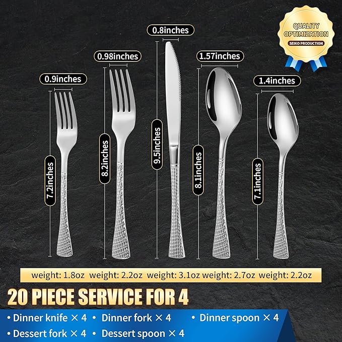 Lemeya Hammered Silverware Set,20 Piece Modern Flatware Set Service for 4,Mirror Polished Stainless Steel Cutlery Set Utensil Set Tableware Set,Kitchen Knives Forks Spoons Set,Dishwasher Safe