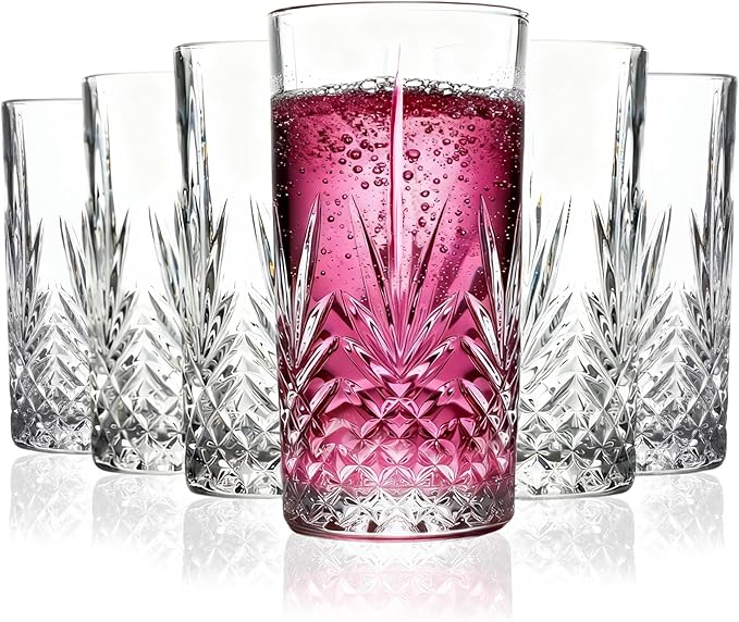 Tall Highball Glasses Set Of 6-14 Ounce Elegant Tom Collins Glasses - Textured Designer Glassware Set For Whiskey,Drinks, Water, Beer, Soda