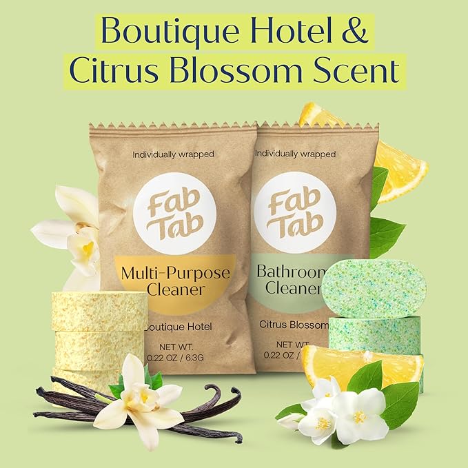 Fab Tab Tablet Cleaner, Multi-Purpose & Bathrom Cleaner for Eco-Concious Cleaning, Non Harmful & Chemical-Free Formula, Convenient Refills with 2 Glass Bottles, Luxury Hotel Scent (6 Refill Tablets)