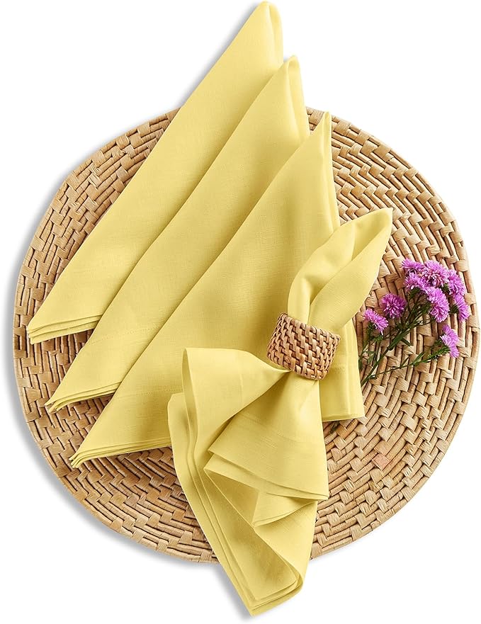 Solino Home Linen Cloth Napkins Set of 4-100% Pure Linen Sunshine Yellow Dinner Napkins 20 x 20 Inch - Fete, Handcrafted and Machine Washable