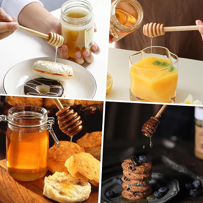 4PCS Honey Mixing Stirrer, 6.3 Inches Wooden Honey Dipper, Smooth Honey Comb Stick, Honey Spoon Collecting Dispensing Drizzling Jam (Round Handle)