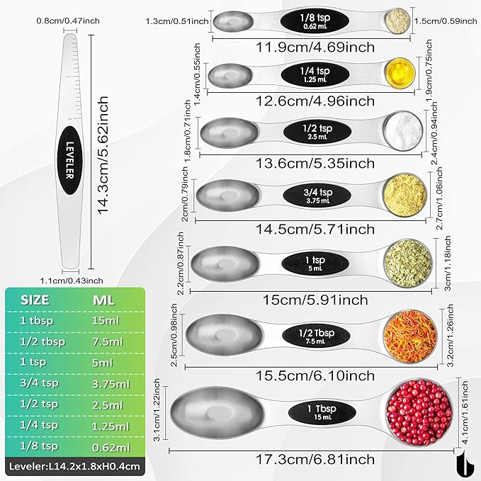 Urbanstrive 8 Pcs Upgraded Magnetic Measuring Spoons Set Stainless Steel Dual Sided for Liquid Dry Food Measuring Cups Spoons Set Fits in Spice Jar Kitchen Gadgets Including Leveler, Silver