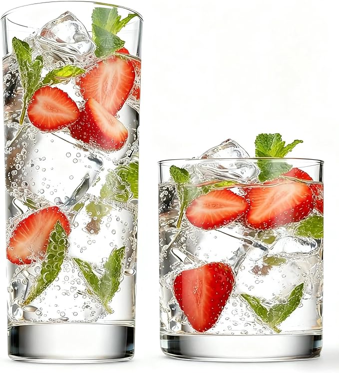 Farielyn-X Everyday Drinking Glasses Set of 8, 14oz Tall Glass Cups & 10.5oz Short Dof Glasses Glass Water Cups, Hurricane Tumbler Drinkware for Cocktail, Iced Coffee, Beer, Tea, Wine, Whiskey