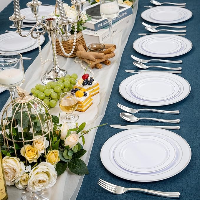 NOCCUR 200PCS Silver Plastic Plates Disposable for 100 Guests - Include 100 Dinner / 100 Dessert Plates Heavy Duty - Ideal for Party/Wedding/Christmas