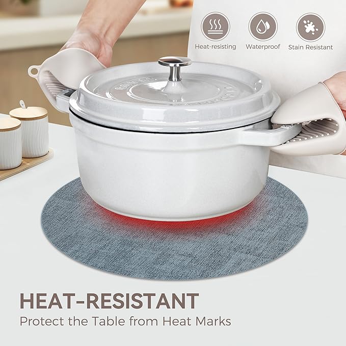 13" Round Placemats Set of 4, Reversible Faux Leather Heat Resistant Table Mats, Waterproof Oilproof Wipeable Table Protective Placemats for Vinyl, Washable for Indoor & Outdoor Use (4, Light Blue)