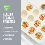 GreenLife 12-Cup Muffin Pan, PFAS-Free Healthy Nonstick Baking Tray, 11.4" x 1.9" x 15.9", Durable Ceramic Bakeware, Cupcakes, Egg Bites, Tarts, Brownies, Gray