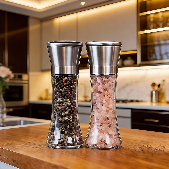 Gorgeous Salt & Pepper Grinder Set — Refillable Stainless Steel & Glass Spice Mill with Adjustable Coarseness - Perfect For Himalayan Or Sea Salts, Fresh Ground Pepper, Or Fresh Spices (2 Pack)
