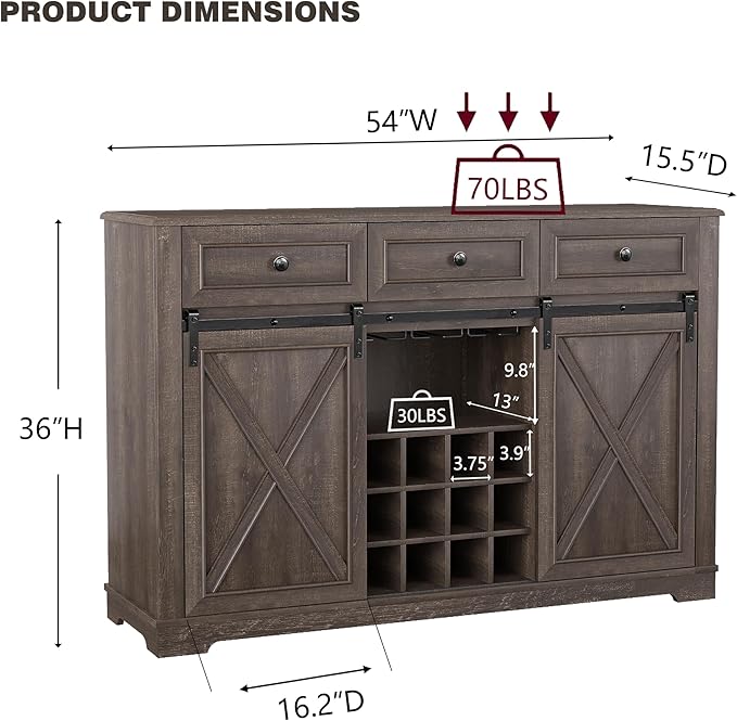 Farmhouse Wine Bar Cabinet with Storage, Liquor Cabinet with Rack for Inside Cabinet, Coffee Bar Cabinet with Sliding Barn Door, Buffet Table for Kitchen, Living Room, 54 Inch (Antique Brown)