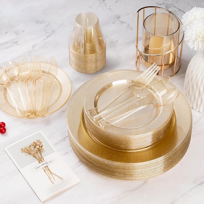 Goodluck 120PCS Gold Plastic Plates, Disposable Gold Glitter Plates, Heavy Duty 60pcs 10.25" Dinner Plates, 60pcs 7.5" Disposable Dessert Plates, Disposable Plates for Party, Wedding
