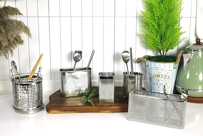 LENITH Kitchen Utensil Chopsticks Perforated Holder with Hooks - 304 Stainless Steel Storage for Organizer Dishwasher Safe (Small Rectangle)