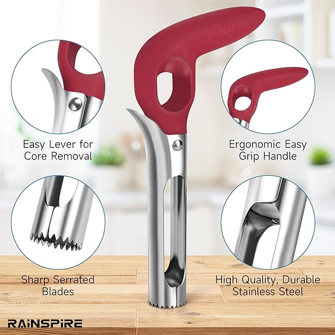 Rainspire Apple Corer Tool Kitchen Apple Core Remover Stainless Steel Comfortable Nonslip Handle, Dishwasher Safe, Red