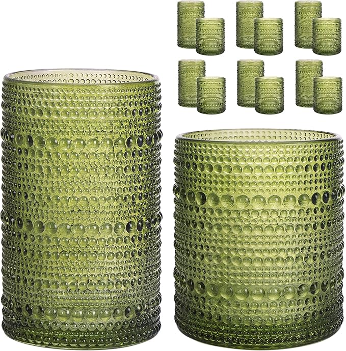 Moretoes Hobnail Drinking Glasses, 12 Piece Green Water Glass Cups, Mixed Vintage Glassware Set, 6pcs 12oz Highballs and 6pcs 10oz old Fashioned Glasses, Great for Cocktail, Whisky and other Beverages