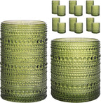Moretoes Hobnail Drinking Glasses, 12 Piece Green Water Glass Cups, Mixed Vintage Glassware Set, 6pcs 12oz Highballs and 6pcs 10oz old Fashioned Glasses, Great for Cocktail, Whisky and other Beverages