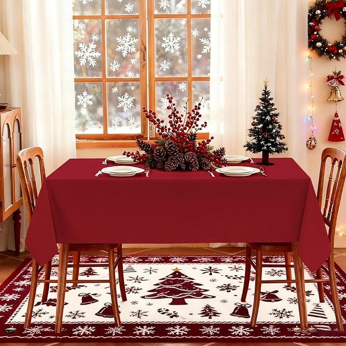 Winter Red Textured Fabric Tablecloth Rectangle, Faux Linen Stain Resistant Table Cloth for 6 Foot Rectangular Table, Reusable for Dinig Party Holiday Decoration, 60 x 84 Inch