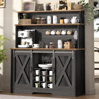 Farmhouse Coffee Bar Cabinet with 3 Tier Storage Hutch, 47'' Coffee Bar Station with Sliding Barn Door, Hutch Storage Cabinet with 9 Wine Racks & 9 Hooks for Kitchen Dining Living Room