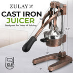 Zulay Kitchen Cast Iron Juicer - Easy-to-Clean Heavy-Duty Manual Juicer, Professional Citrus Juicer - Stainless Steel Lemon Squeezer - Manual Citrus Press & Orange Squeezer - Orange Juicer (Copper)