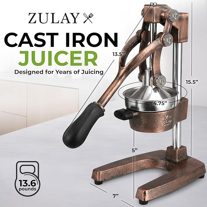 Zulay Kitchen Cast Iron Juicer - Easy-to-Clean Heavy-Duty Manual Juicer, Professional Citrus Juicer - Stainless Steel Lemon Squeezer - Manual Citrus Press & Orange Squeezer - Orange Juicer (Copper)