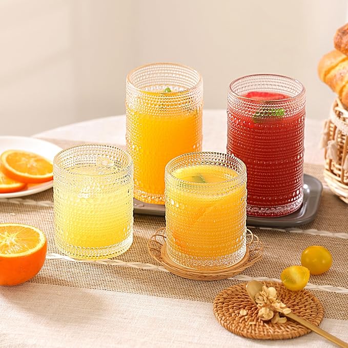 Moretoes Hobnail Drinking Glasses Set of 12, Vintage 15 Oz Highball Glasses & 10 Oz Cocktail Glasses, Clear Embossed Boho Glass Cups Kitchen Bar Tumbler Glassware Set for Whiskey, Beer, Juice, Milk