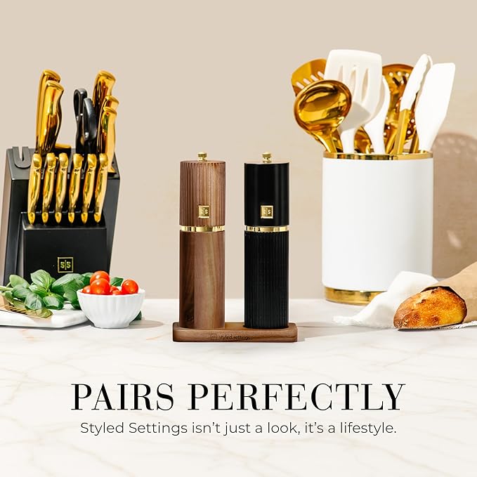 Wooden Salt and Pepper Grinder Set – Refillable Manual Salt and Pepper Mills with Adjustable Ceramic Burrs, Gold Detailing, and Wood Stand – Black and Dark Wood