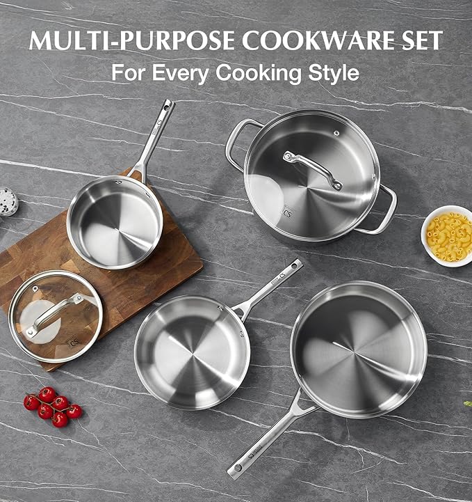 KOCH SYSTEME CS Stainless Steel Cookware Set 17 Piece, Professional 18/10 Stianless Steel Pots and Pans Set, 5-Layer Stainless Base, Oven Safe, Induction Ready, Non-Toxic Kitchen Cookware Set