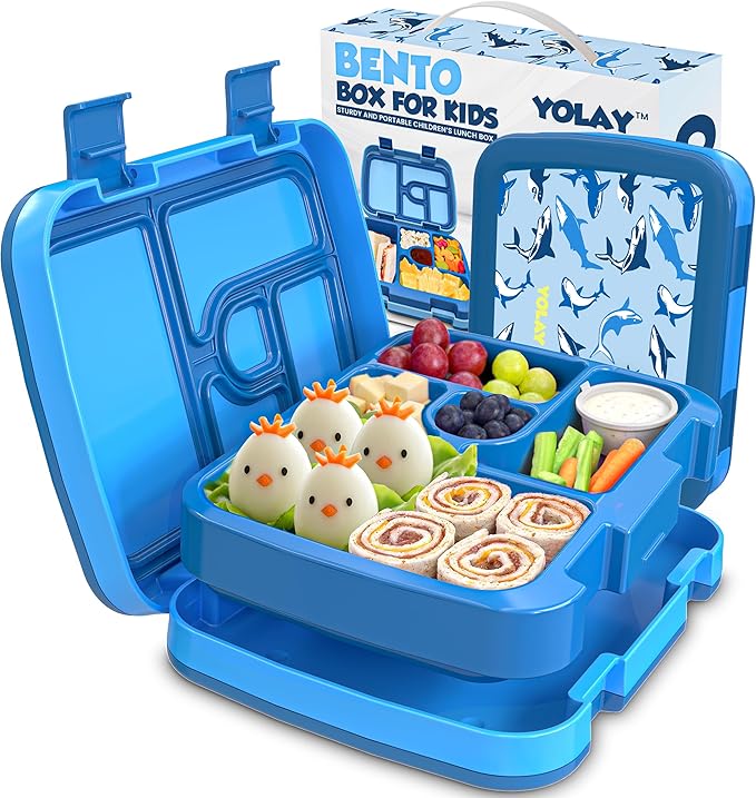 YOLAY Bento Box for Kids Lunch Box Leak-Proof, 5-Compartment Lunch Box Kids for Ages 3-10, Durable with Anti-Slip Base, Suitable for Schools, Outdoor and Travel (Mermaid) (Shark)