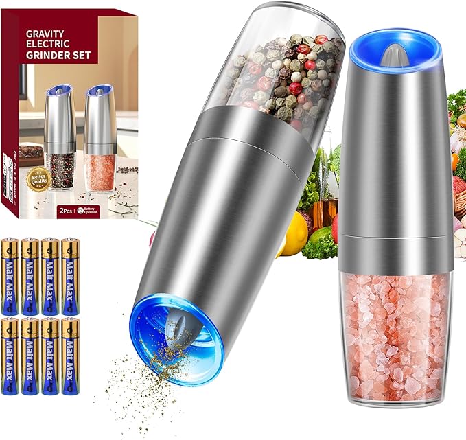CIRCLE JOY Gravity Electric Salt and Pepper Grinder Set Stainless Steel Automatic Salt and Pepper Grinder Set, Battery Operated, LED Light, Adjustable Coarseness, for Home Kitchen BBQ, Silver
