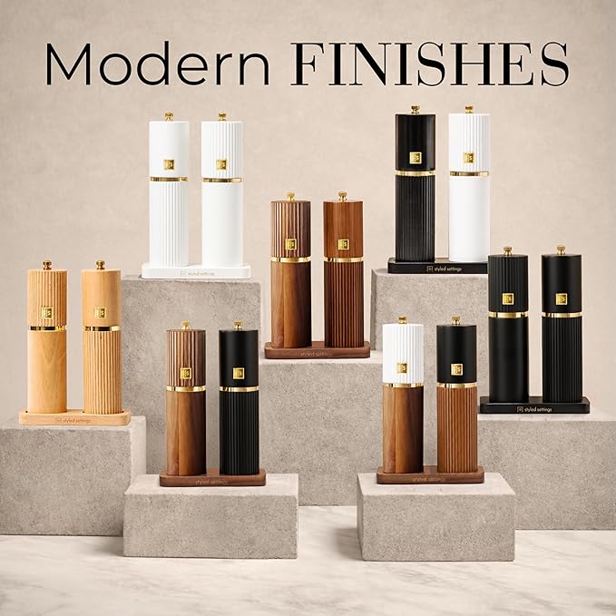 Wooden Salt and Pepper Grinder Set – Refillable Manual Salt and Pepper Mills with Adjustable Ceramic Burrs, Gold Detailing, and Wood Stand – White, Black and Acacia