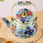 Blue Floral Enamel Tea Kettle Vintage Gold Beige Teapot Blue Floral Boho Hot Water Coffee Kettle Pot 2.5L Porcelain Tea Pot with Ceramic Handle for Stovetop Kitchen Home Decor