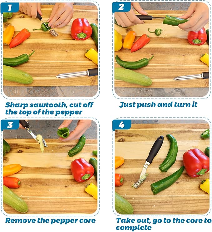 Jalapeno Pepper Corer, Set of 2, Stainless Steel Zucchini Cucumber Corer with Serrated Slice and Rubber Handle, Core Deseeder for Jalapenos, Chilis, Bell Peppers