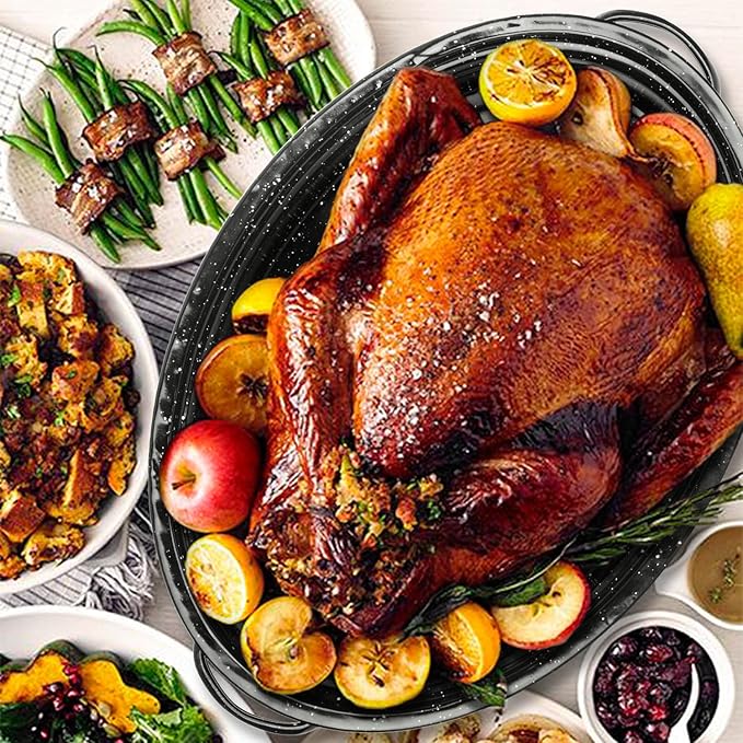 13” Granite Roasting Pan,Enameled Oval Roasting Pan with Domed Lid, Oval Turkey Roaster Pot, Broiler Pan Great - For Roasted Turkey, Chicken, Lamb, Vegetables 2026 Update