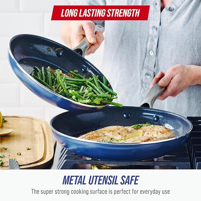 Blue Diamond 9.5” and 11" Frying Pan Skillet Set, Diamond Infused PFAS & PFOA-Free Ceramic Nonstick Pots & Pans, Durable Non Toxic Metal Utensil Safe & Scratch Resistant, Dishwasher & Oven Safe, Blue