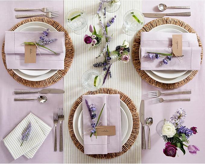 Solino Home Linen Napkins Set of 4 - Classic Hemstitch 100% Pure Linen Lilac Dinner Napkins Cloth 20 x 20 Inch for Valentines - Handcrafted and Machine Washable