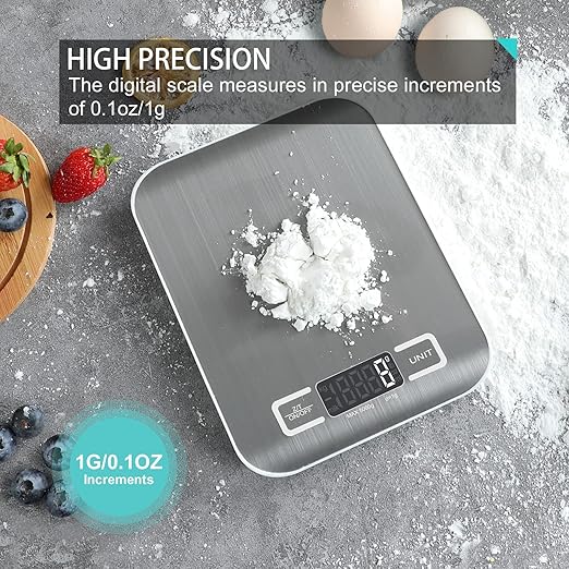 Digital Kitchen Scale,Food Scale for Meat Baking Weight,Unit Gram OZ lb Up 11 lb(1g-5KG),Silver Stainless Steel Anti-Fingerprint with Accuracy LCD Display for Cooking White(Include AAA Battery)