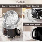 Dezin Hot Pot Electric with Steamer, Rapid Noodles Cooker, Stainless Steel Electric Pot 1.6 Liter, Perfect for Ramen, Egg, Dumpling, Soup, Oatmeal with Temperature Control and Keep Warm Function